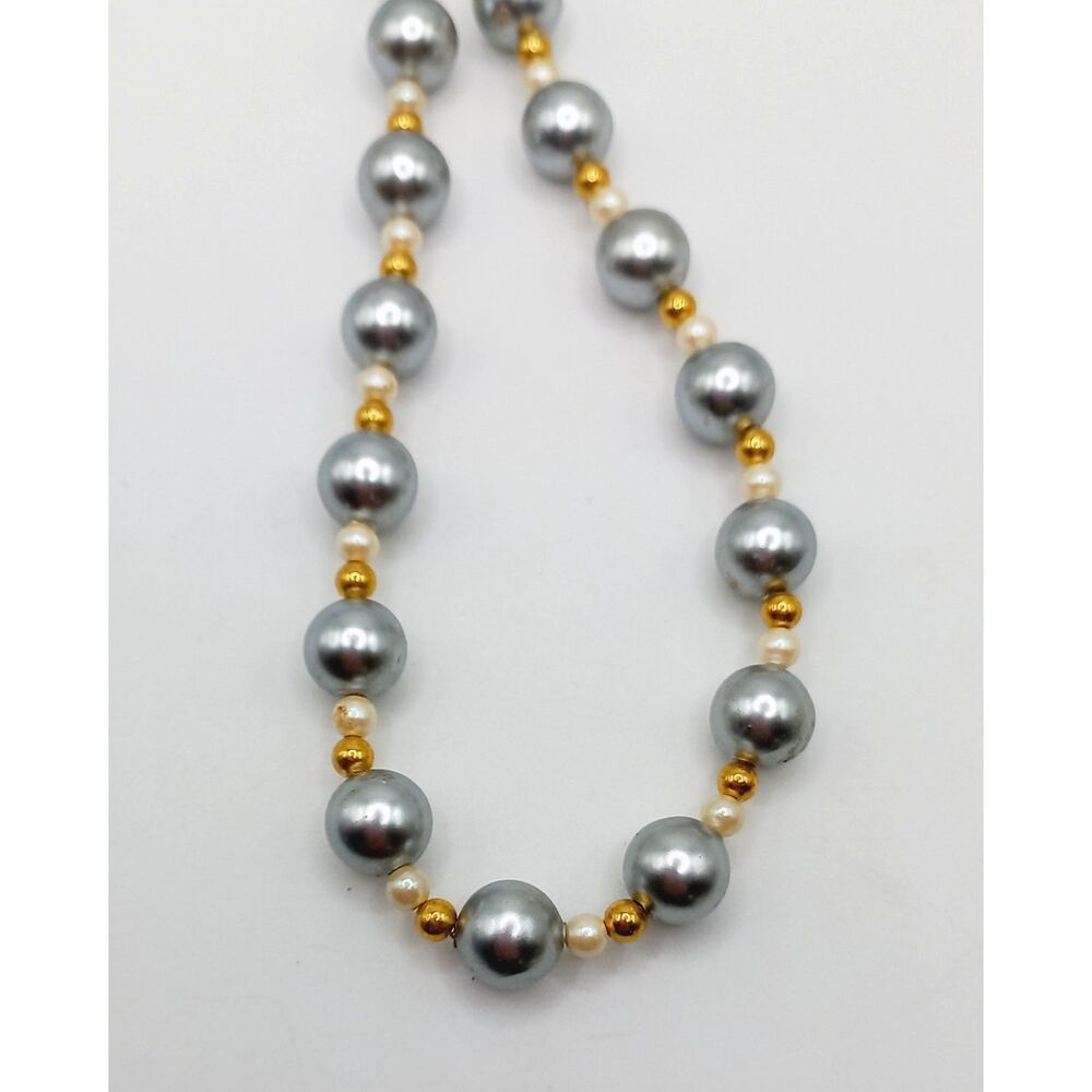 Vintage Signed MONET Gray Faux Pearl Gold Bead Statement Choker Necklace 1960s